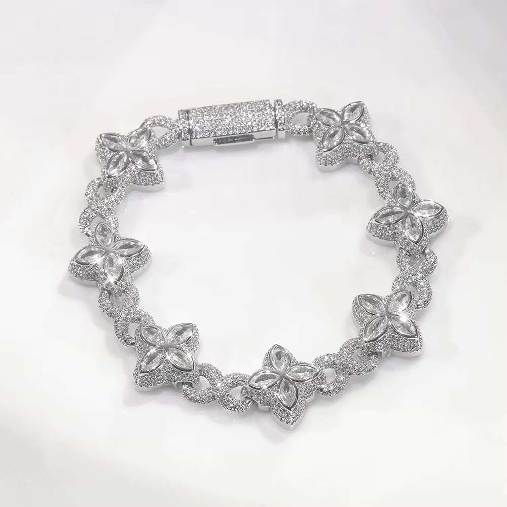 New Style 8mm Hip-Hop Jewelry Colorful Four Leaf Clover Chain Silver Plated Brass 5A Moissanite Cuban Chain Bracelet for Women