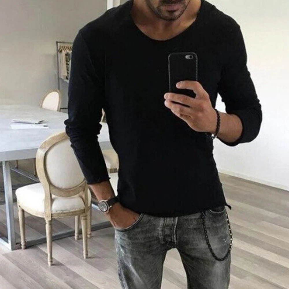 Mens Casual Round Neck Top Autumn And Winter Fit Youth Personality Raw Edge Solid Color Long-Sleeved T-Shirts For Men 250704