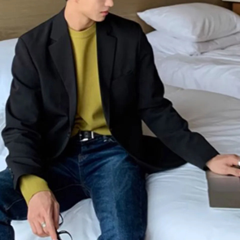 Mens Korean Casual Loose Solid Color Blazer Business Jackets Fashion Slim Fit Wedding Groom Streetwear Social Dress 250628