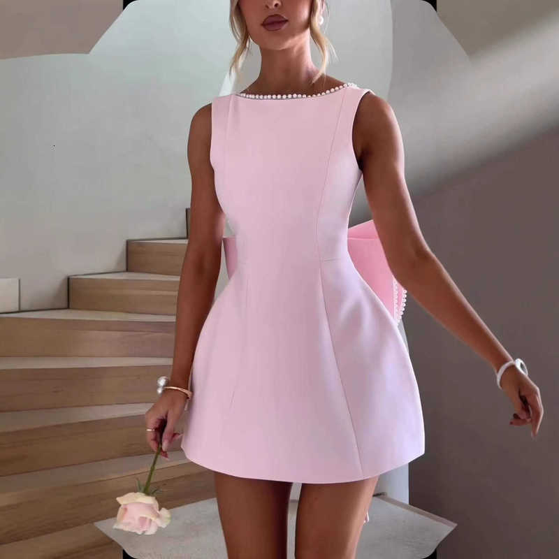 Fashion Evening Dress Women's Pearl Bow Short Dress Fashion Slim Backless Socialite Style Dress