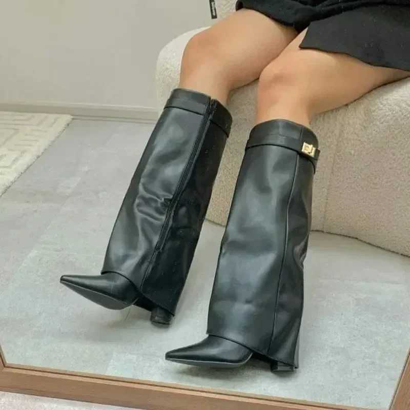 2025Autumn and Winter New Pointed Metal Knee High Womens Boots Thick High-heeled Pants Boots Fashionable Mid Leg Boots Z250704