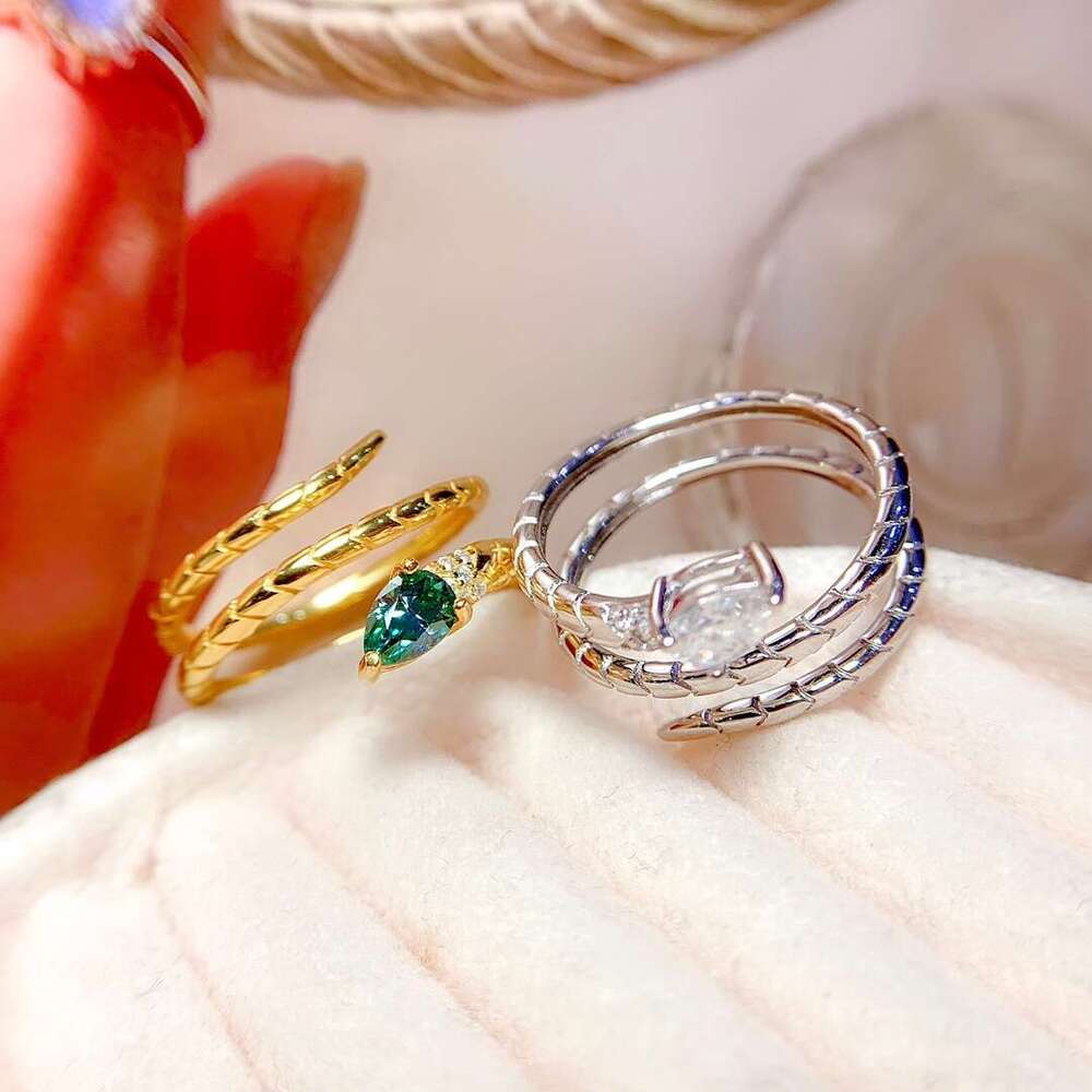 New Luxury Imitation Moissanite Water Drop for Women, Ring, Fashionable and Unique Versatile Wrapped Snake Open Ring a48