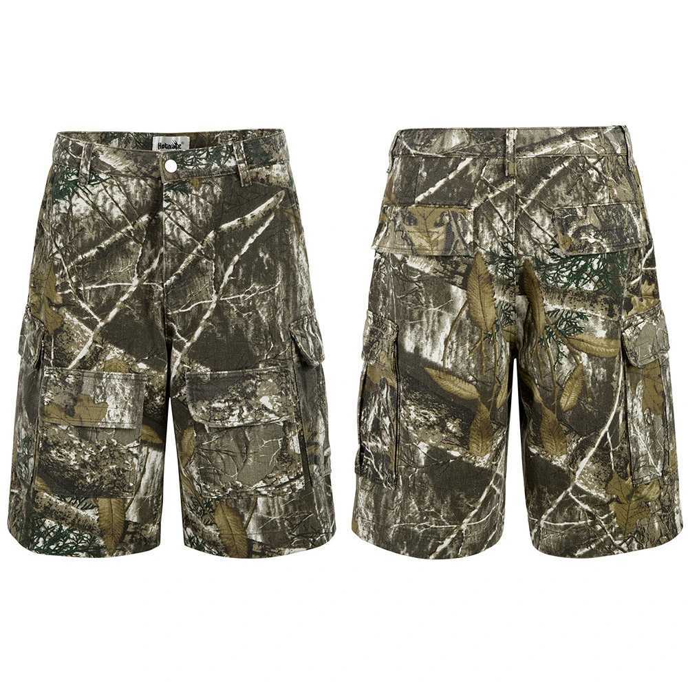 Branch and Leaf Pocket Camouflage Cargo Shorts for Men and Women Summer Baggy Jeans Streetwear Loose Denim Knee Length Pants W250705