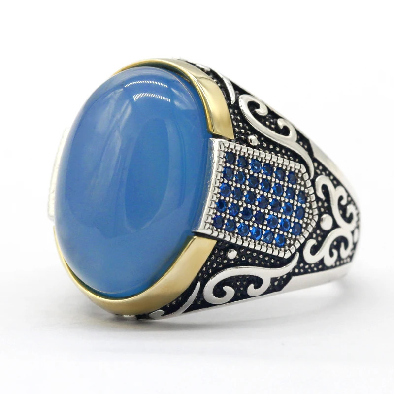 Seven Color S925 Sterling Silver Antique turkiye Blue Zircon and Agate Punk Rock Hand made Mens Ring Gift 250716
