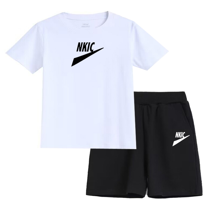 Summer Short sleeve Brand Children's 100% Cotton Black T-shirt Tops Shorts Fashion Leisure Clothing Boys Girls Round neck Sets 2-13 Year Toddler