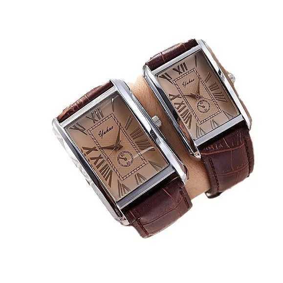 Fashion Couple Watch Luxury Rectangle Dial Women Quartz Watch Men Leather Band Casual Women Leather Wristwatch Mens Watch W250704