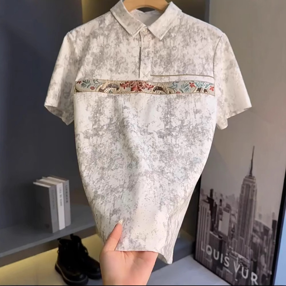 Summer New Starry Sky Tie-dye Embroidery Design Designer Short Sleeves Turn-down Collar Polo Shirt Men's Versatile Casual Slim Fit Short Sleeve T