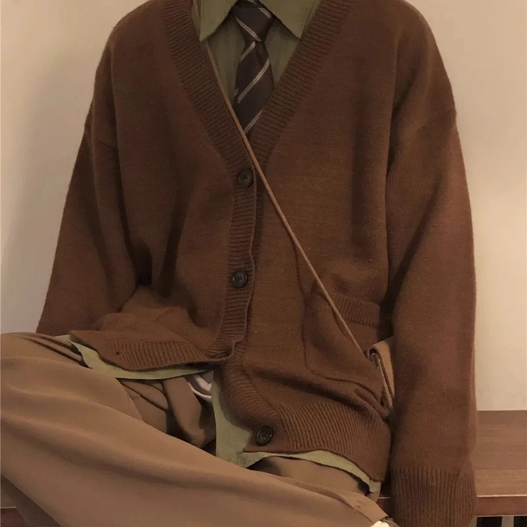 Spring Autumn American Vintage Preppy Style Mens Knitted Cardigan Sweater Loose Fit Top Jacket Casual Crew Neck 250704