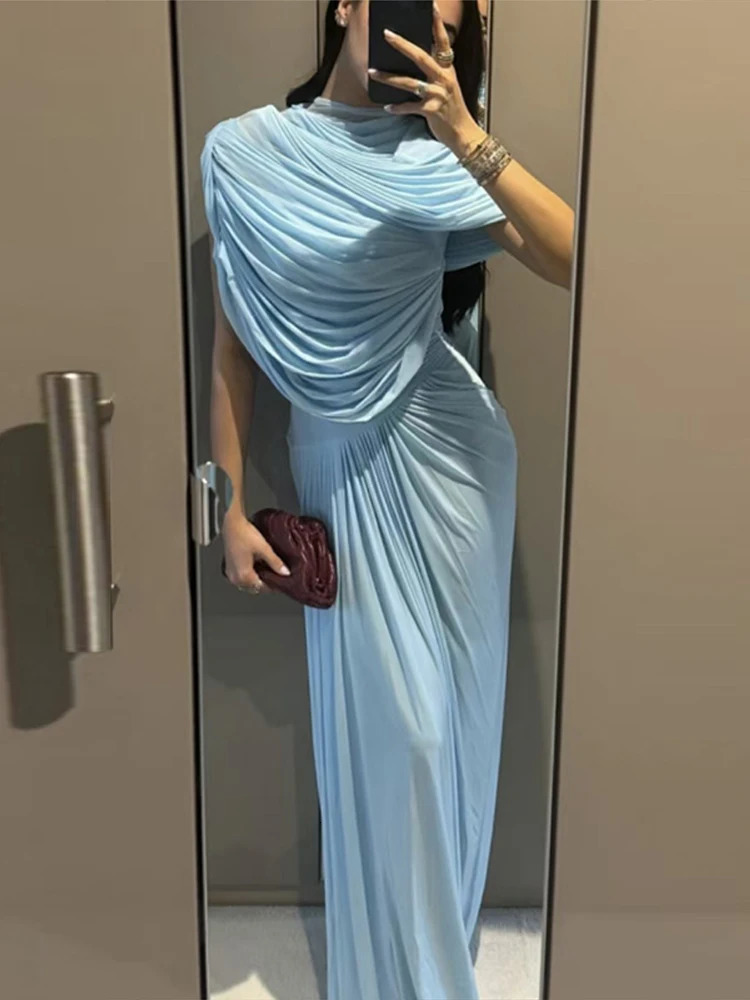 Shawl Long Dress Women Elegant Asymmetrical Chiffon Pleated Slim Waist Maxi Dresses Summer Female Evening Party Prom Gown 250704