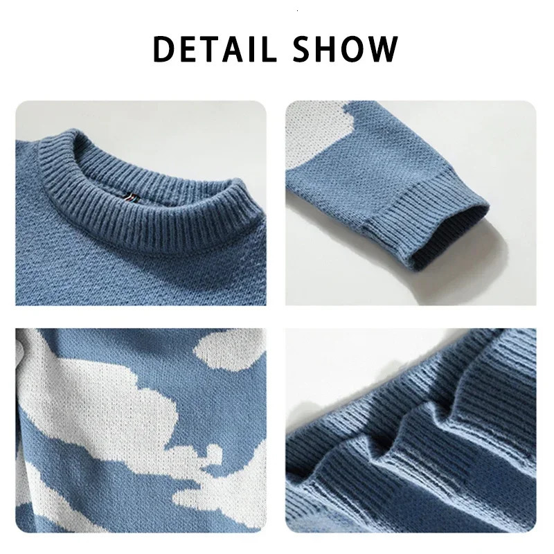 2025 Autumn Men Casual Sweater Cloud Pattern Cute Couple Sweaters Round Neck Long Sleeve Male Knitted Sweater Harajuku Pullover 250704