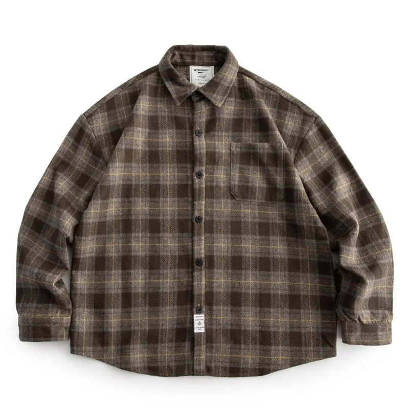Autumn and Winter Retro Brushed Thickeneded Plaid Shirt Mens Workwear Long-Sleeved Trendy Loose Woolen Shirt Casual Jacket Trendy 250704