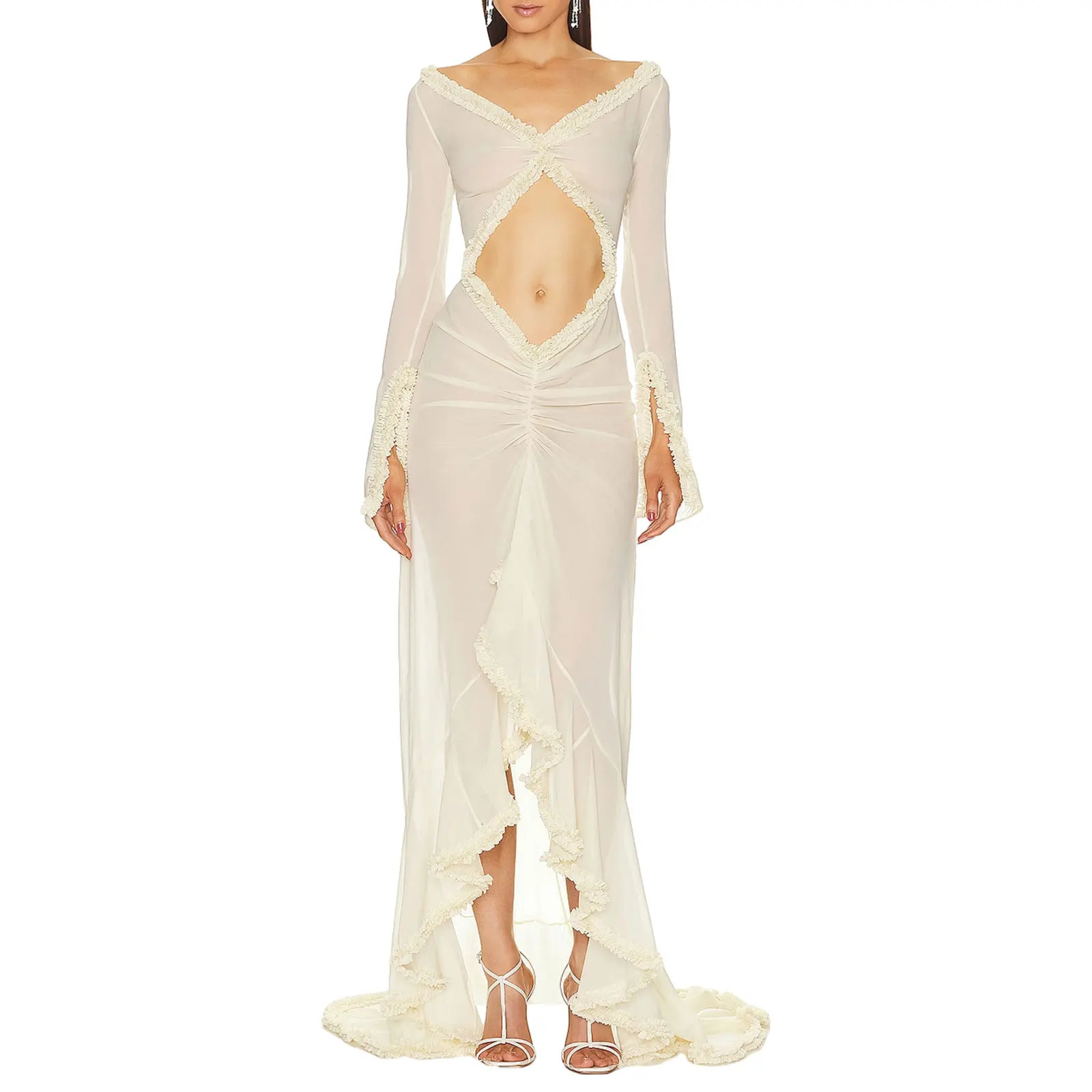 Women's Babydoll Lingerie: Long Sleeve V-Neck Mesh Chemise Nightgown with Frill Trim C260312