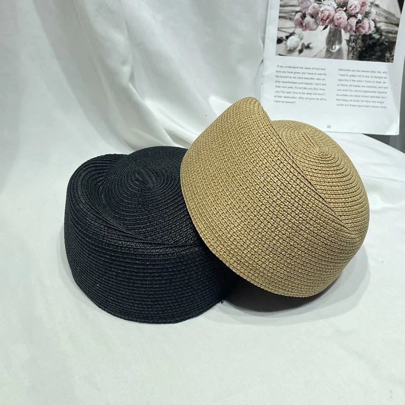 Women Vintage Straw Beret Hat Summer Fedora Sun Cap Hostess Pillbox Millinery Fascinator Base Wedding Cocktail Party 250703