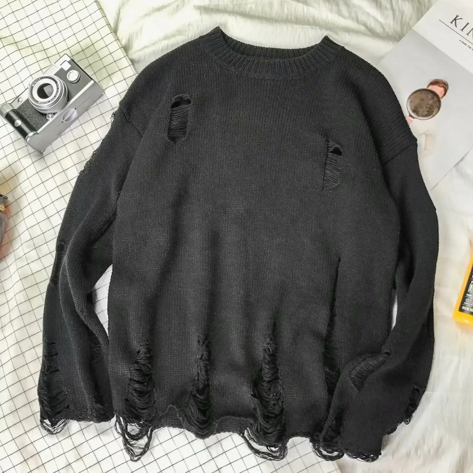 Spring Ulzzang Hole Sweater Mens Bf Style Line Clothes Korean Version Couple Top Jacket Casual Scene Crew Neck 250704