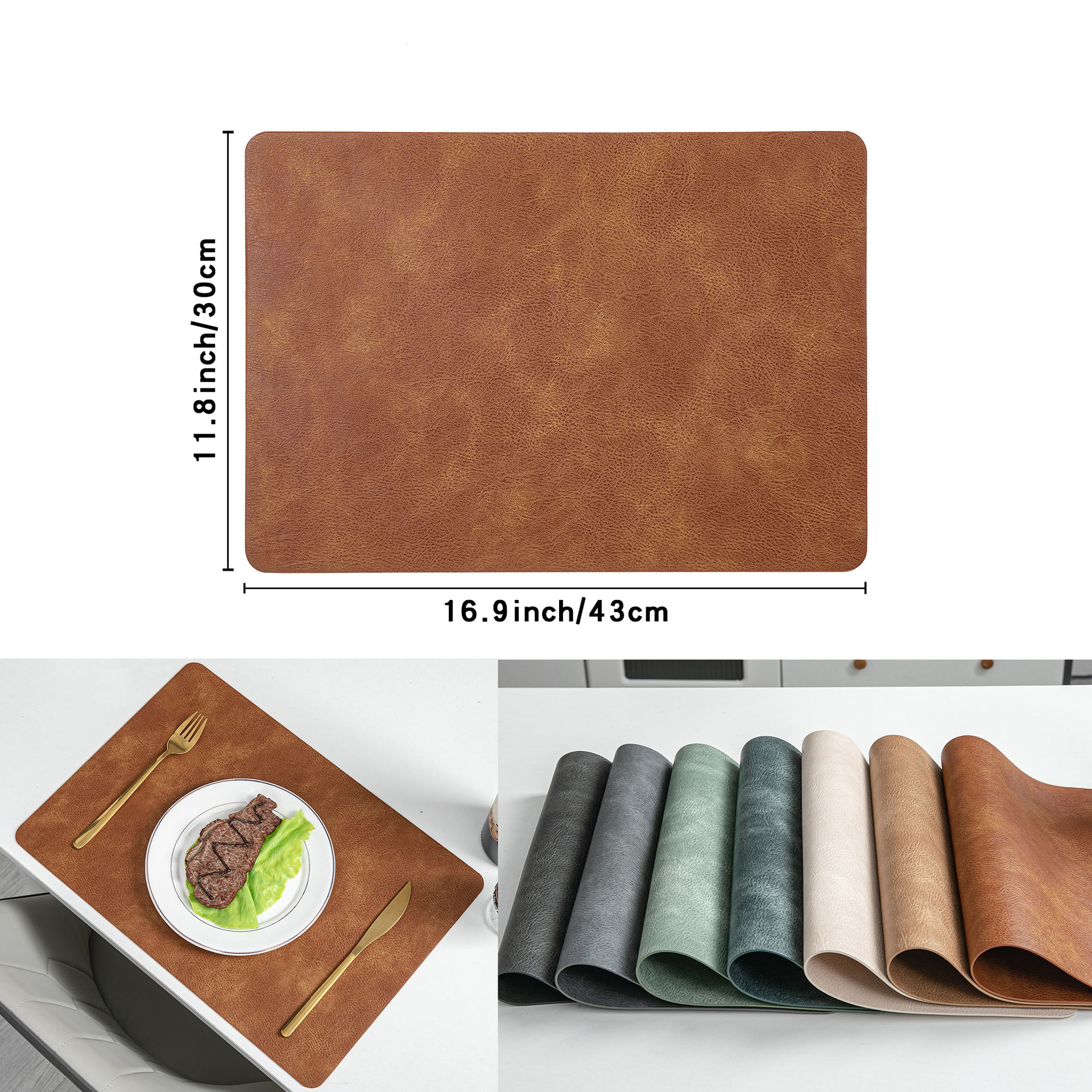 6-Pack 12"x17" Faux Leather Placemats - 100% Waterproof & Oil-Proof PU Table Mats, Heat Resistant & Reversible - Wipe Clean for Kitchen, Din