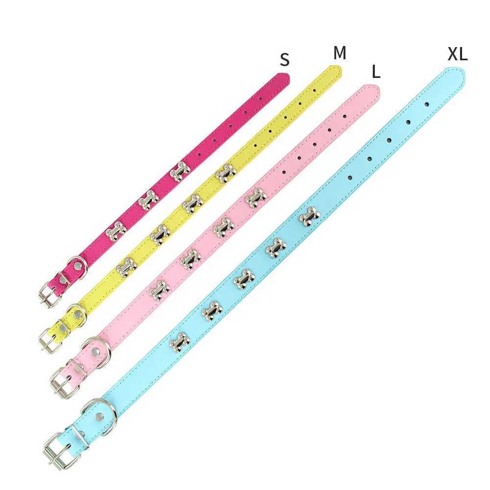 Bone Rivets Leather Dog Collar Colourful Puppy Neck Strap Collar For Small Medium Large Dogs Cat Pug Chihuahua Accessories S-XL R250704