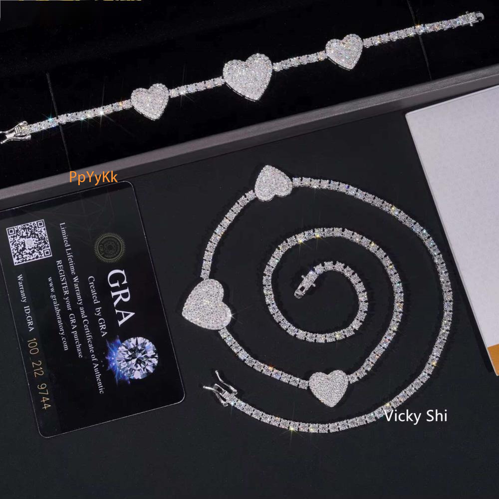 Fine Jewelry Fashion Heart Necklace 925 Pure Silver 3mm High Quality VVS Moissanite Tennis Necklace GRA Certified