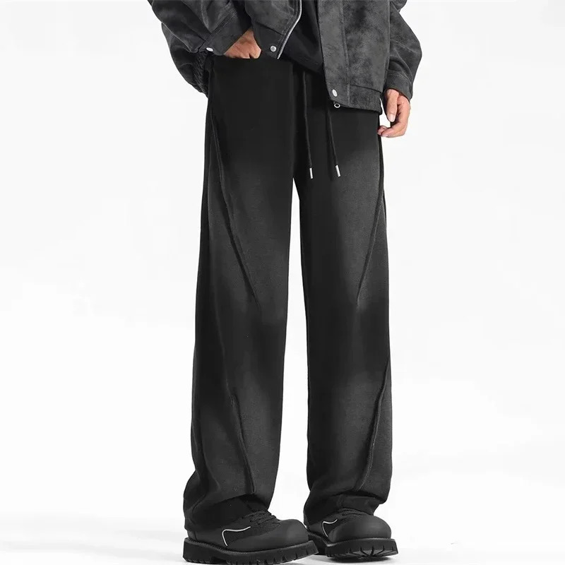 Autumn Mens High Street Pleated Straight Pants Korean Fashion Elastic Waist Pockets Trousers Y2K Vintage pantalones hombre 250704