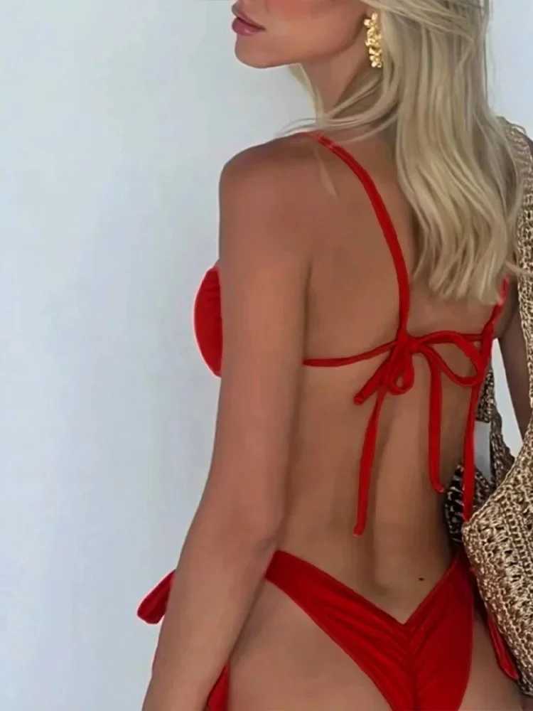 Vzvn 2025 New Summer Swimwear Bikini Set Sexy Laced Up Bikini 2 Piece Set Women Split Swimsuit High Waist Beach Backless Bikini XJ250624