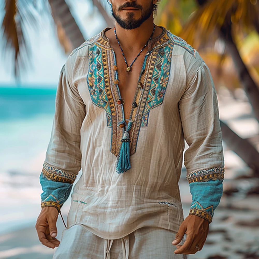 Ethnic Mens Linen Shirt Autumn Long Sleeve Male Clothing Fashion Streetwear V-Neck Print Men Blouse Tops Plus Size Causal Shirt 250704