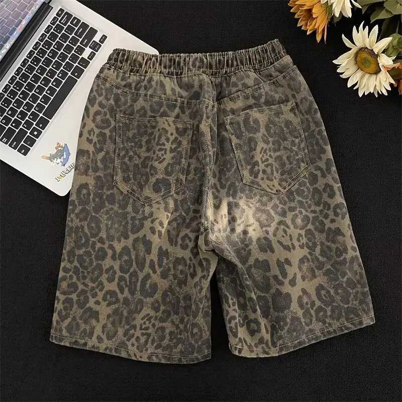 American Retro Leopard Print Casual Shorts Men Trendy Hip-Hop Street Loose Straight-leg Fifth Jeans Drawstring Pocket Shorts W250705