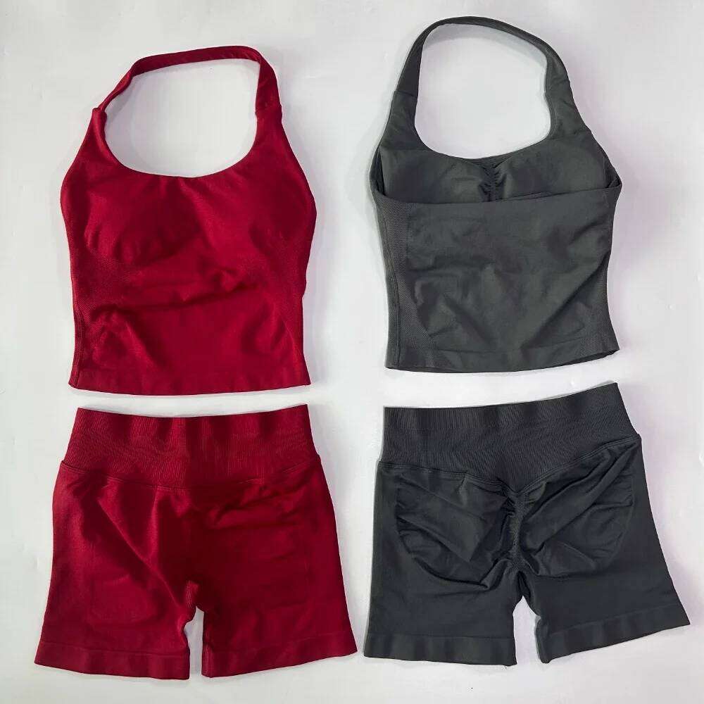 2 Pieces Impact Sports Set Women Backless Halter Tops High Waist Seamless Hight Stretch Shorts Gym Suit Sportswear Workout Sets