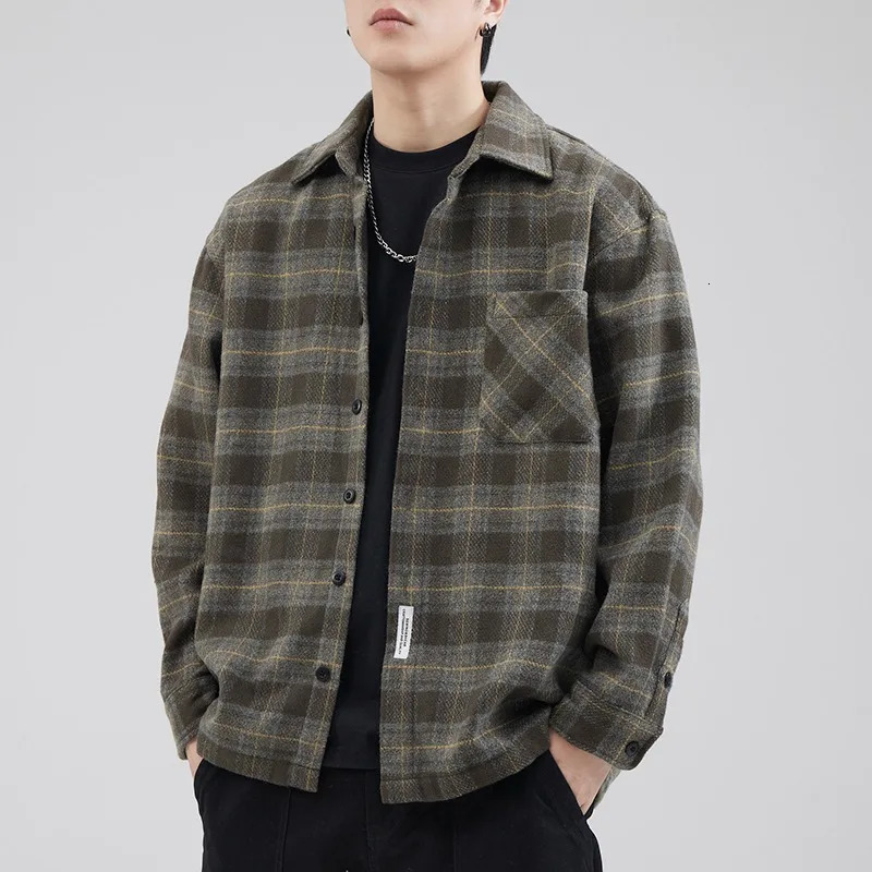Autumn and Winter Retro Brushed Thickeneded Plaid Shirt Mens Workwear Long-Sleeved Trendy Loose Woolen Shirt Casual Jacket Trendy 250704