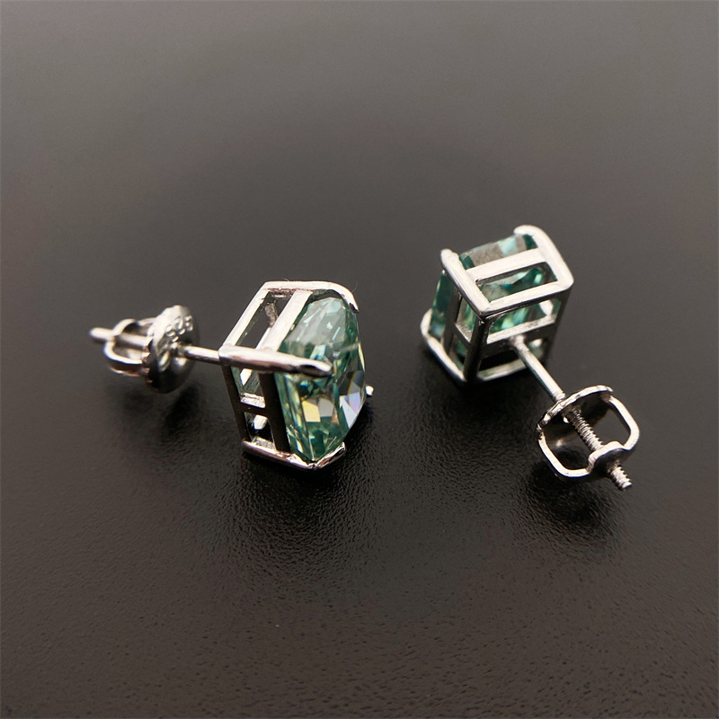 925 Silver Fashion Jewelry Color Diamond Blue Green Screw Back Radiant Cut Moissanite Stud Earrings