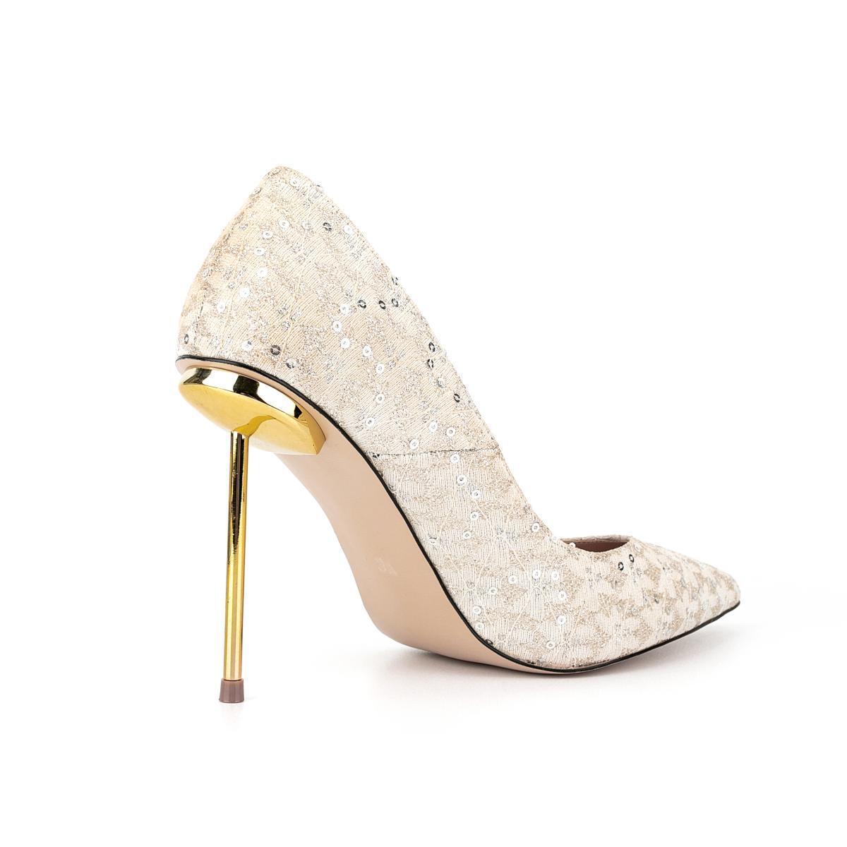 Sparkle Stiletto Pumps - Handmade Pointed Toe Dress Shoes with Glitter Fabric and Metal Heel XJ26309