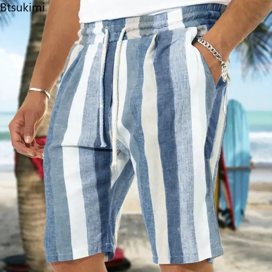 Trendy Contrast Color Striped Shorts for Men Comfy Cotton Linen Summer Casual Drawstring Beach Shorts Men Loose Sport Yoga Pants 250704