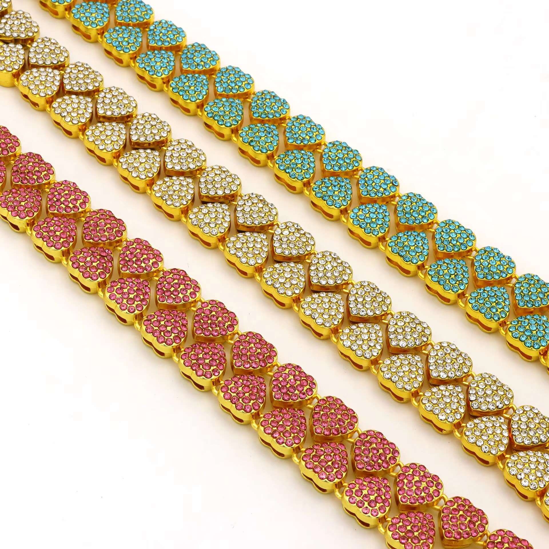 Double Layered Diamond Inlaid Alloy Rhinestone Women Vintage Heart Iced Out Gold 10mm Cuban Link Chain 10mm Necklace