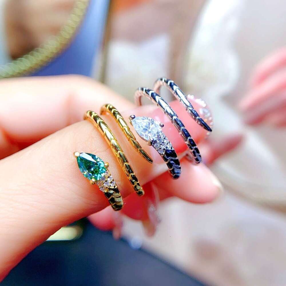 New Luxury Imitation Moissanite Water Drop for Women, Ring, Fashionable and Unique Versatile Wrapped Snake Open Ring a48