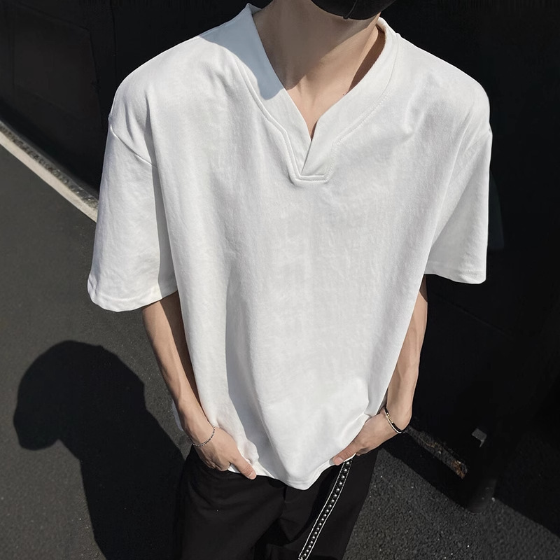 Black Heavyweight Solona T-shirt For Men Summer Cleanfit Henry V-neck Short Sleeve Designer Short Sleeves American High Street Regular Shoulder Half S