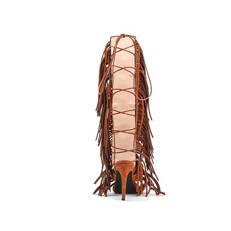 2025 Summer Cow Suede Leather Women Sandals Peep Toe Sexy Lace Up Knee High Shoes Zapatos De Mujer High Heels Z250704