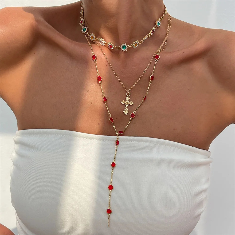 3Pcs Unique Cross Pendant Necklace Set for Women Simple Crystal Necklace Sweater Chain Long Y-shaped Necklace Y2K Party Jewelry 250701