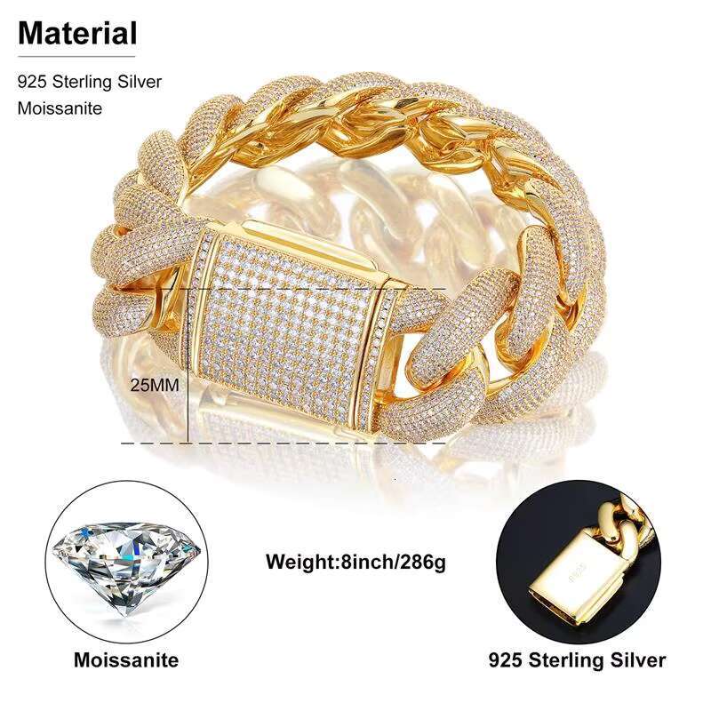 25mm 925 Sterling Silver Real Gold Plated VVS Moissanite Iced Out Cuban Link Men Bracelet Luxury Jewelry High Quality