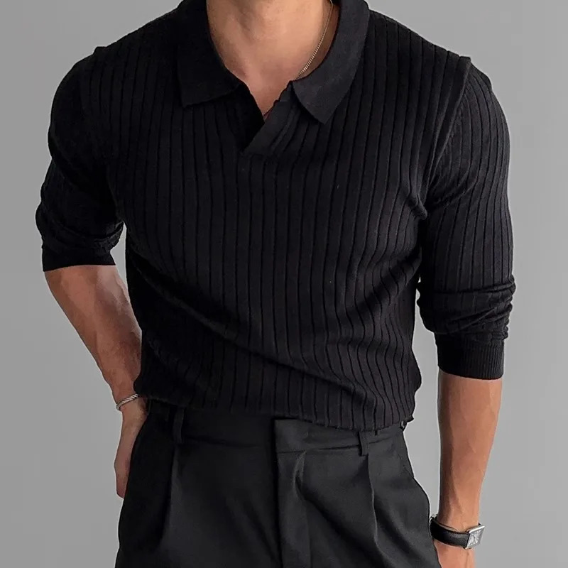 Spring Mens Clothing Retro Knit Lapel Striped Polo Shirt Solid Color Long Sleeve Fashion Light Knitwear 3Xl 250704