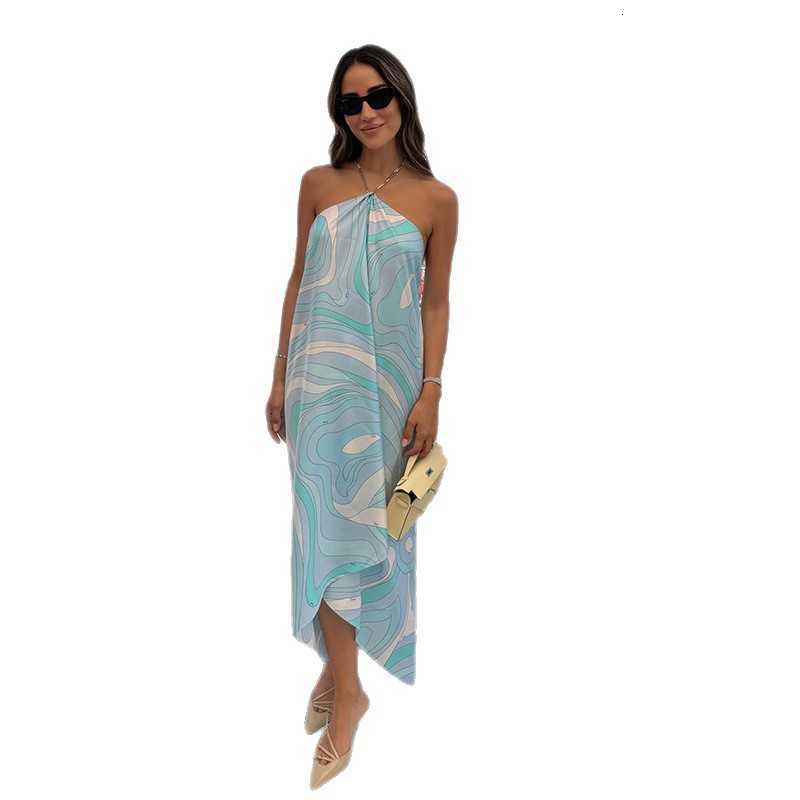 Fashion Evening Dress 2025 Summer New Simple Style Printed Halter Neck Long Dress