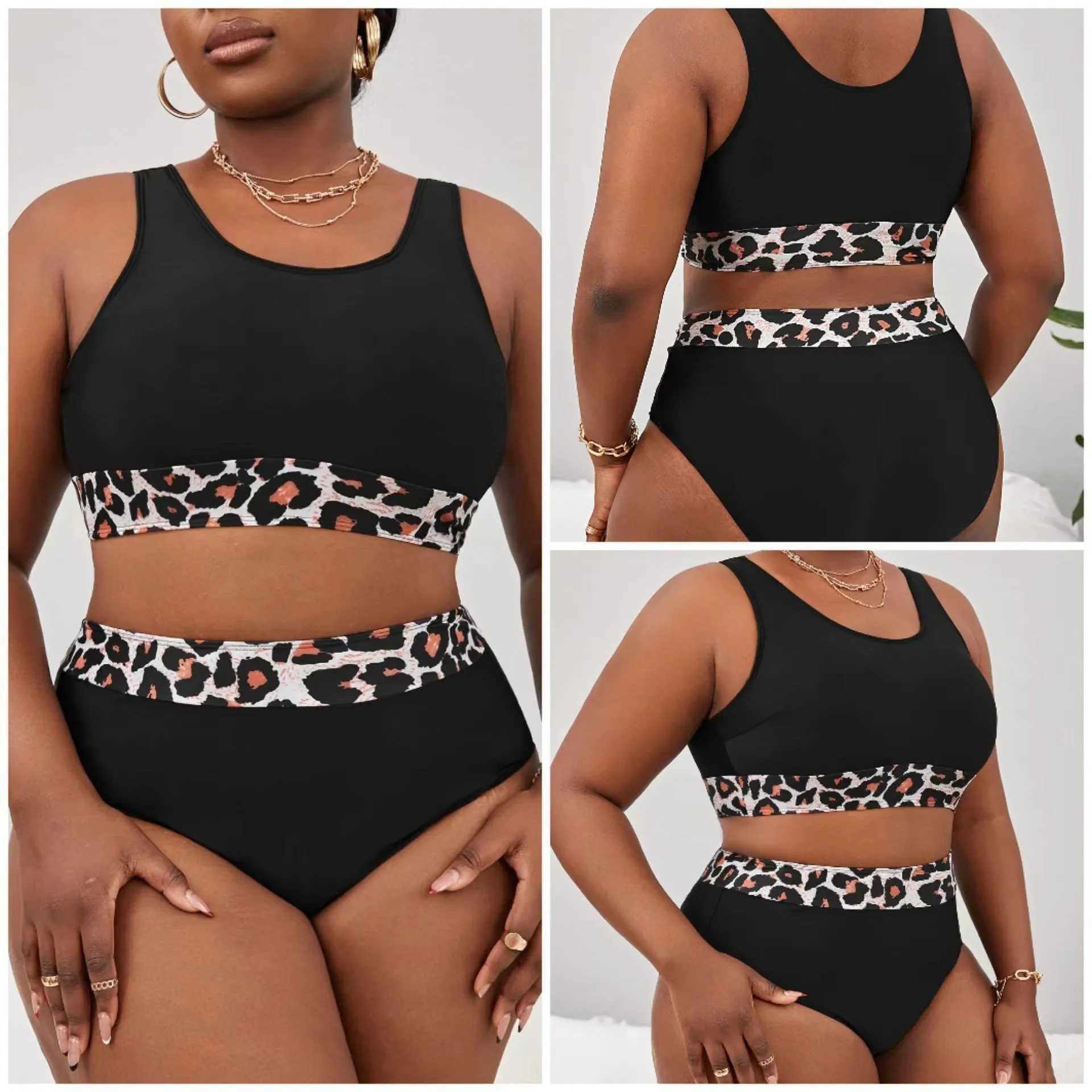 Plus Size 4XL Leopard Print Bikini Set Black Two-Piece High Waisted Swimsuit for Women Tummy Control Bathing Suit Swimsuit XJ250624