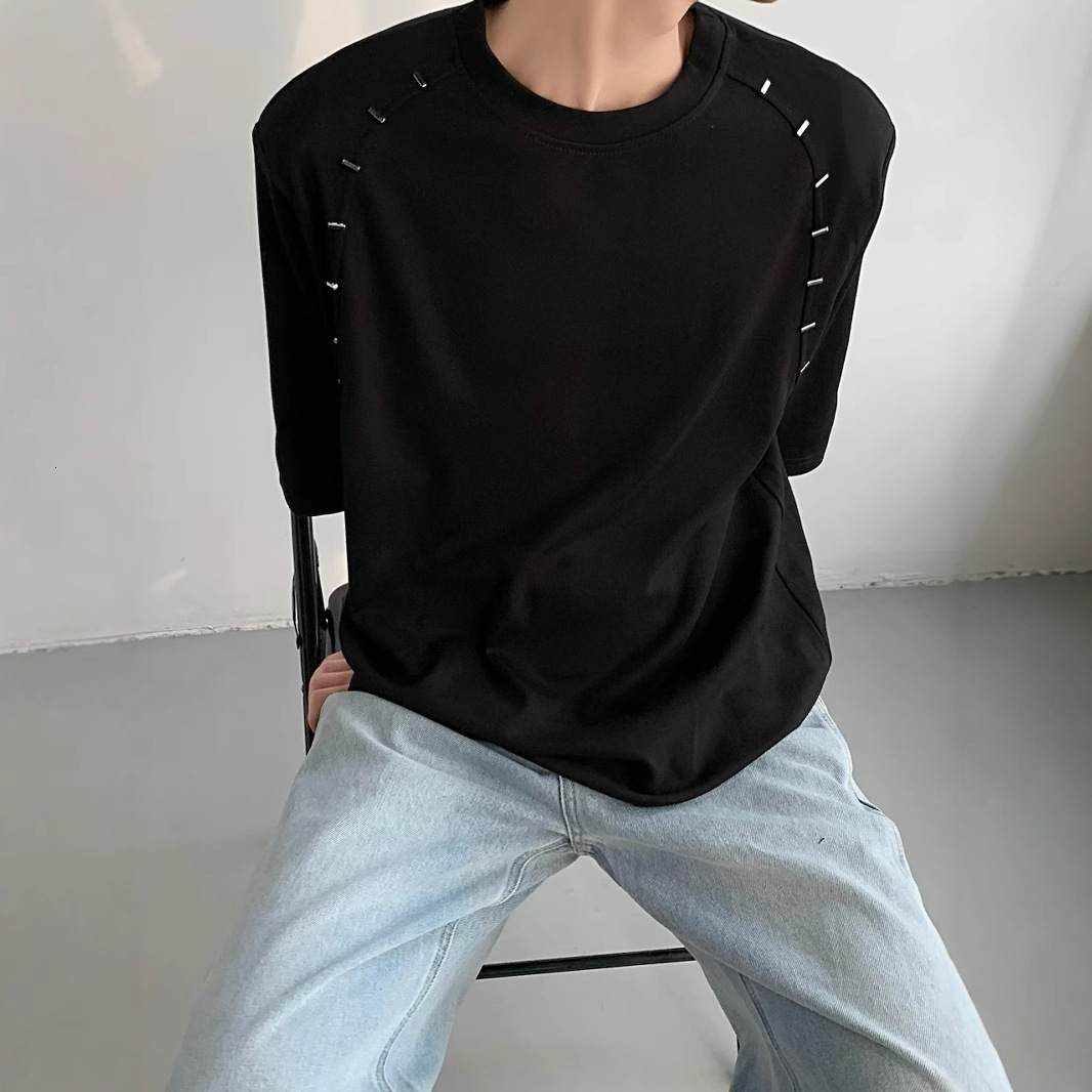Designer Short Sleeves Summer Korean Version Loose Heavyweight No Shoulder Pad Short Sleeve T-shirt Metal Design Sense Half Sleeve Base Shirt Niche Un