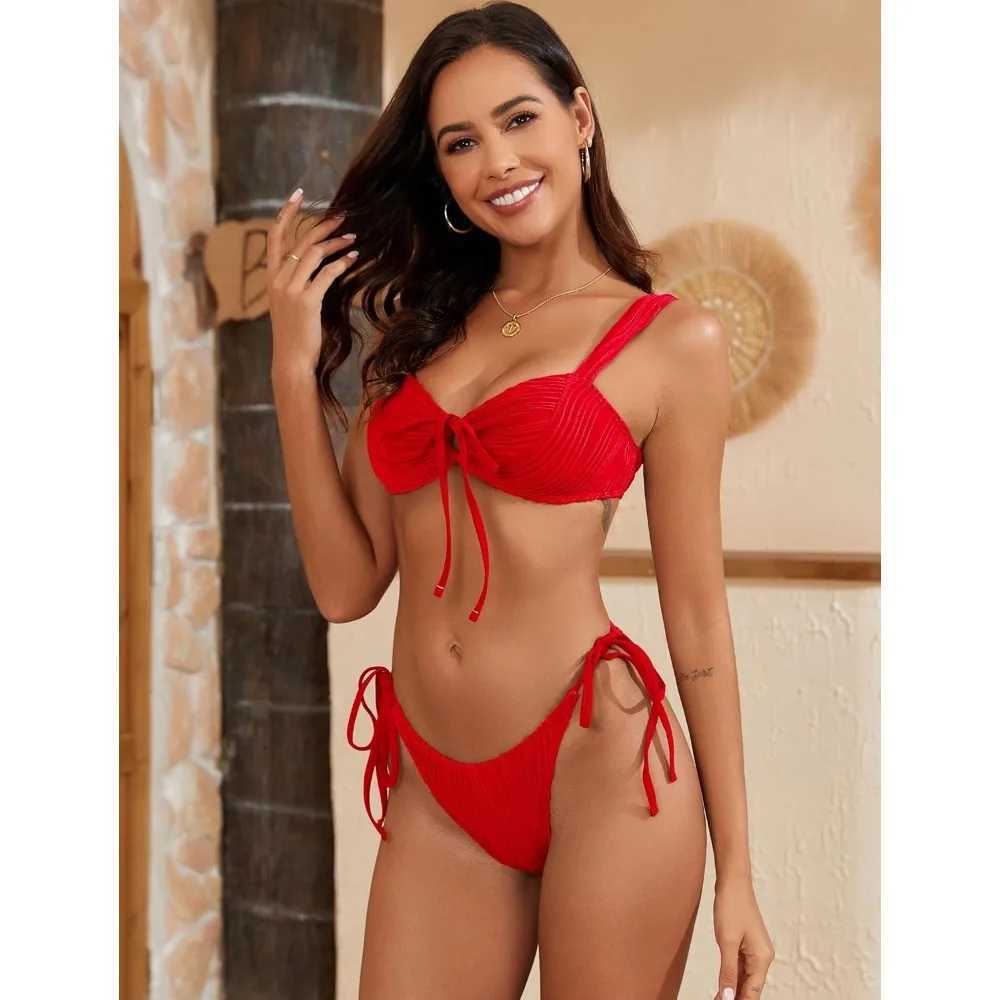 Womens Cinched Bikini Solid Color Wave Textured Knotted Tied Side Two Piece Swimsuit Bathing Suits XJ250624