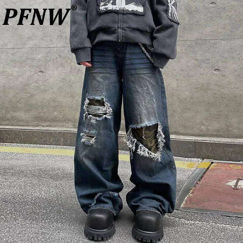 PFNW American Vintage High Street Patch Holes Camouflage Jeans Men And Women Loose Straight Drape Denim Long Pants New 12C2236 250701 250701