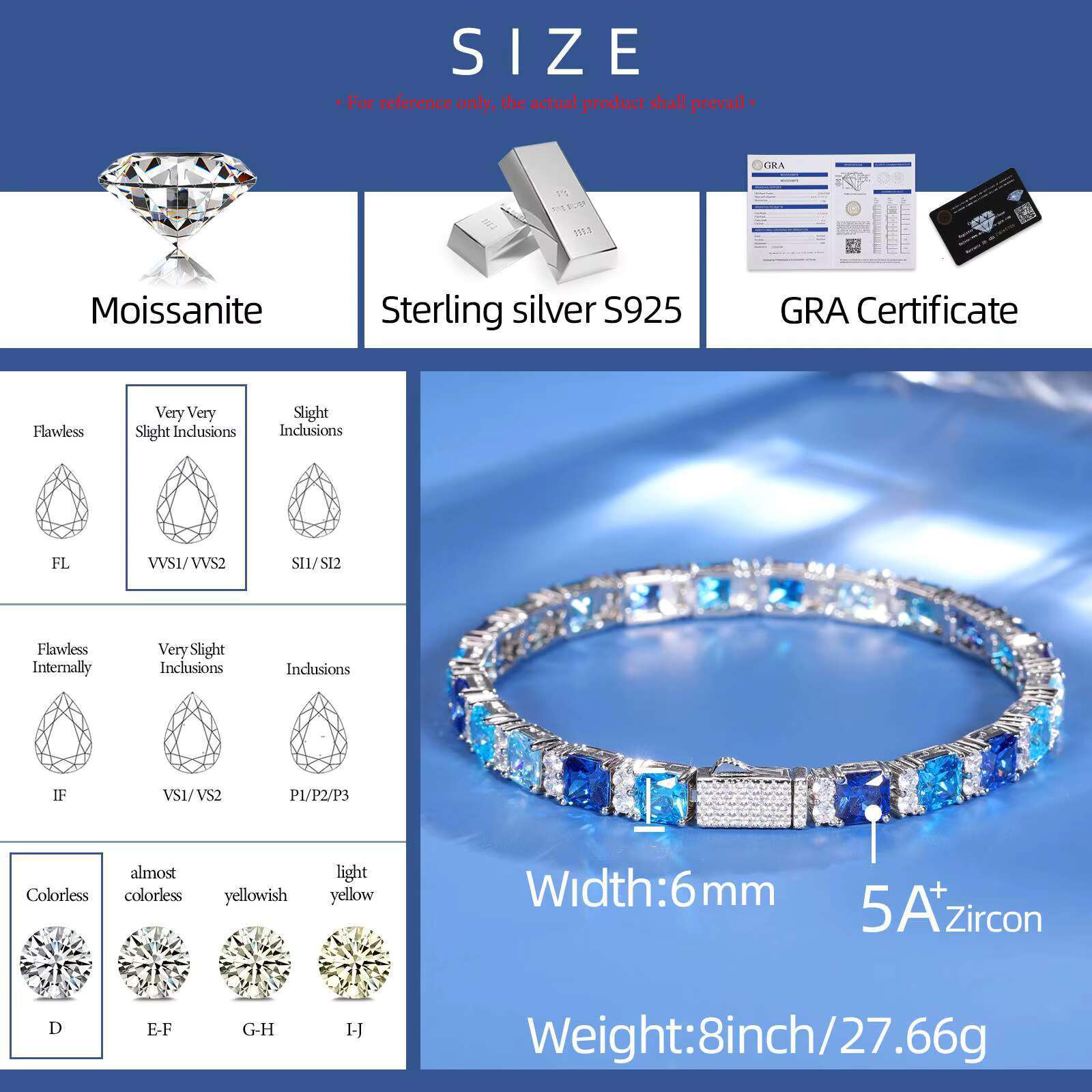 Gradient Color 6mm 925 Sterling Silver VVS Moissanite Blue Princess Cut Tennis Bracelet Luxury Bling Iced Out Jewelry