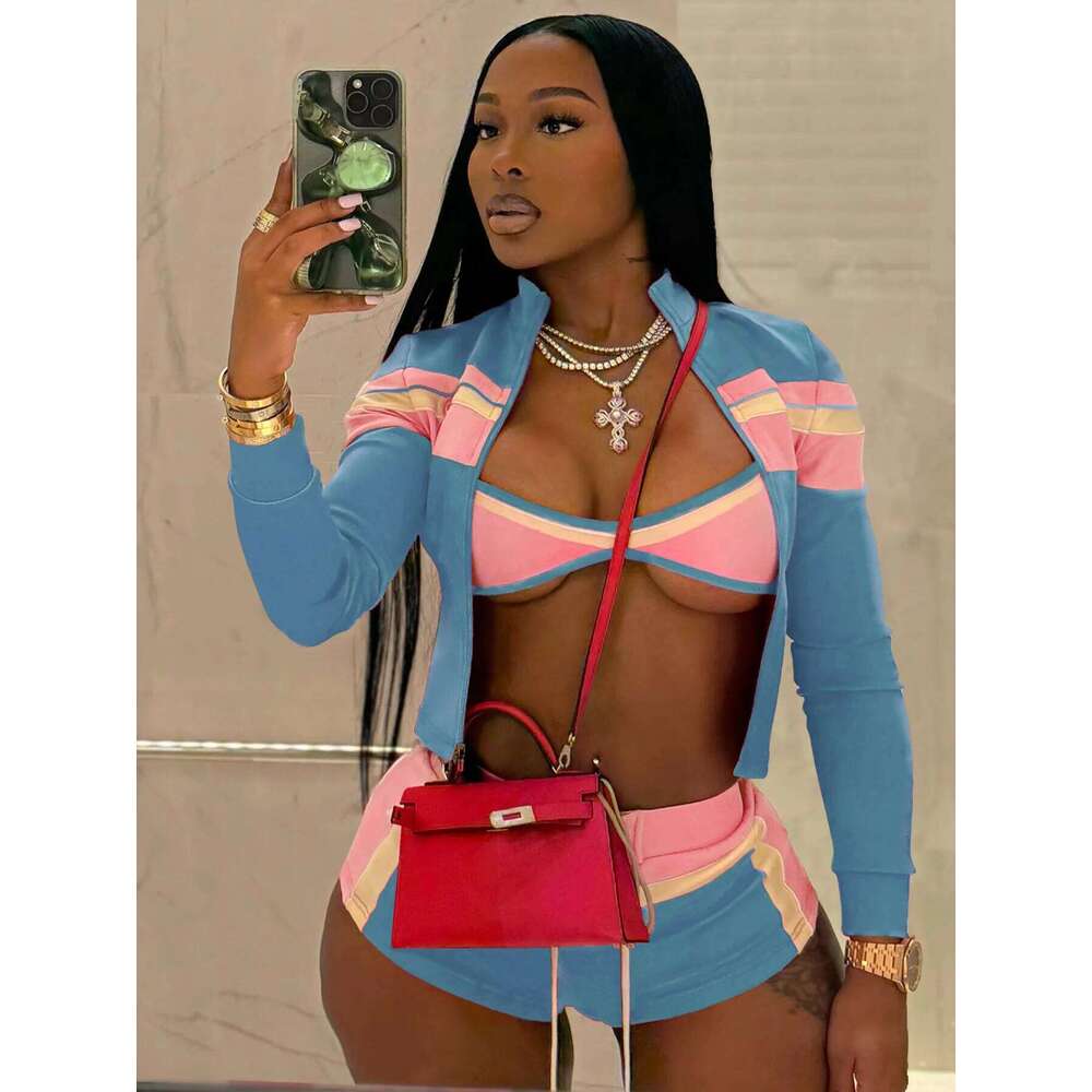 Weird Puss Colorful Print 3 Piece Set Women Tracksuit Casual Zip Crop Tops+Bra+Shirring Shorts Matching Street Stretch Outfits