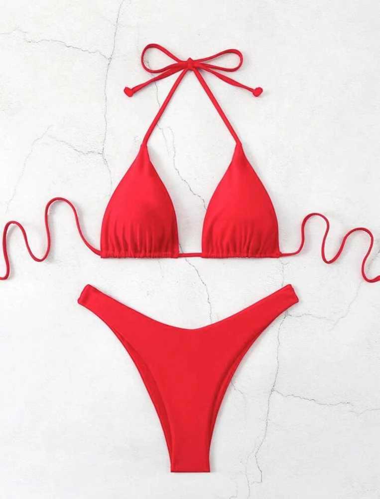 Women Red/Black/White/Coffee Bikini Padded Sexy Halter Bikini Two-Piece Set With Drawstring Straps Brazilian Bathing Suit 2025XJ250624