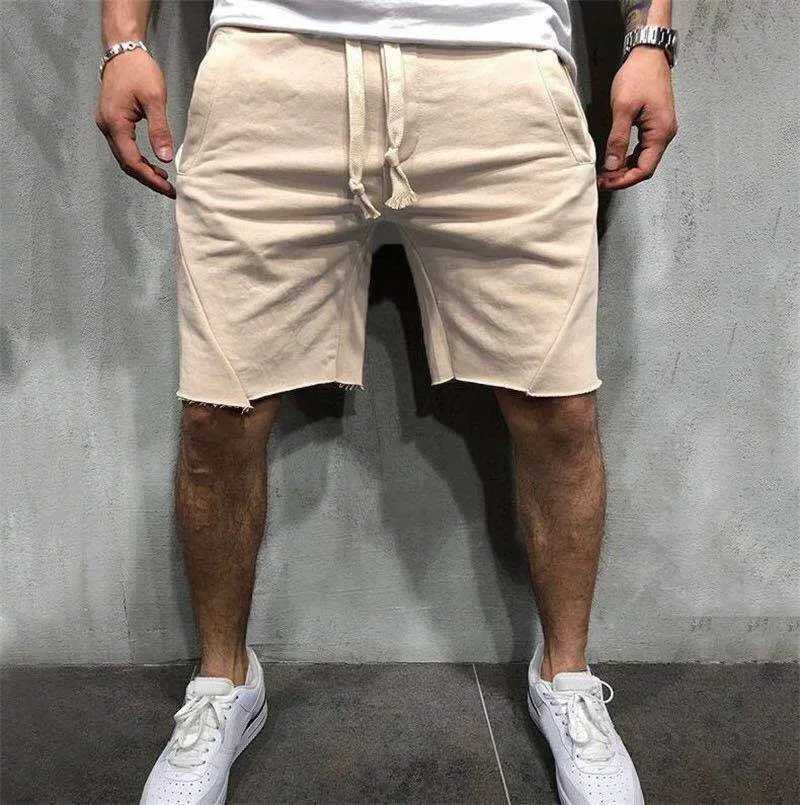 Mens Solid Color Frayed Hem Drawstring Shorts Hip Hop Streetwear Male Gyms Fitness Short Sweatpants Joggers Sportswear Shorts W250705