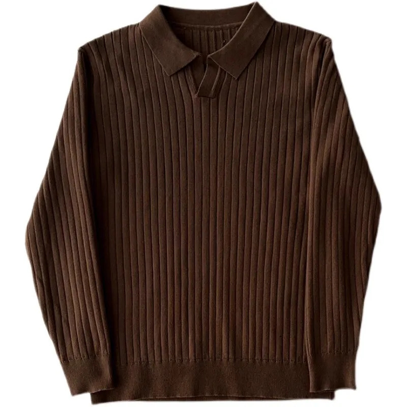 Spring Mens Clothing Retro Knit Lapel Striped Polo Shirt Solid Color Long Sleeve Fashion Light Knitwear 3Xl 250704