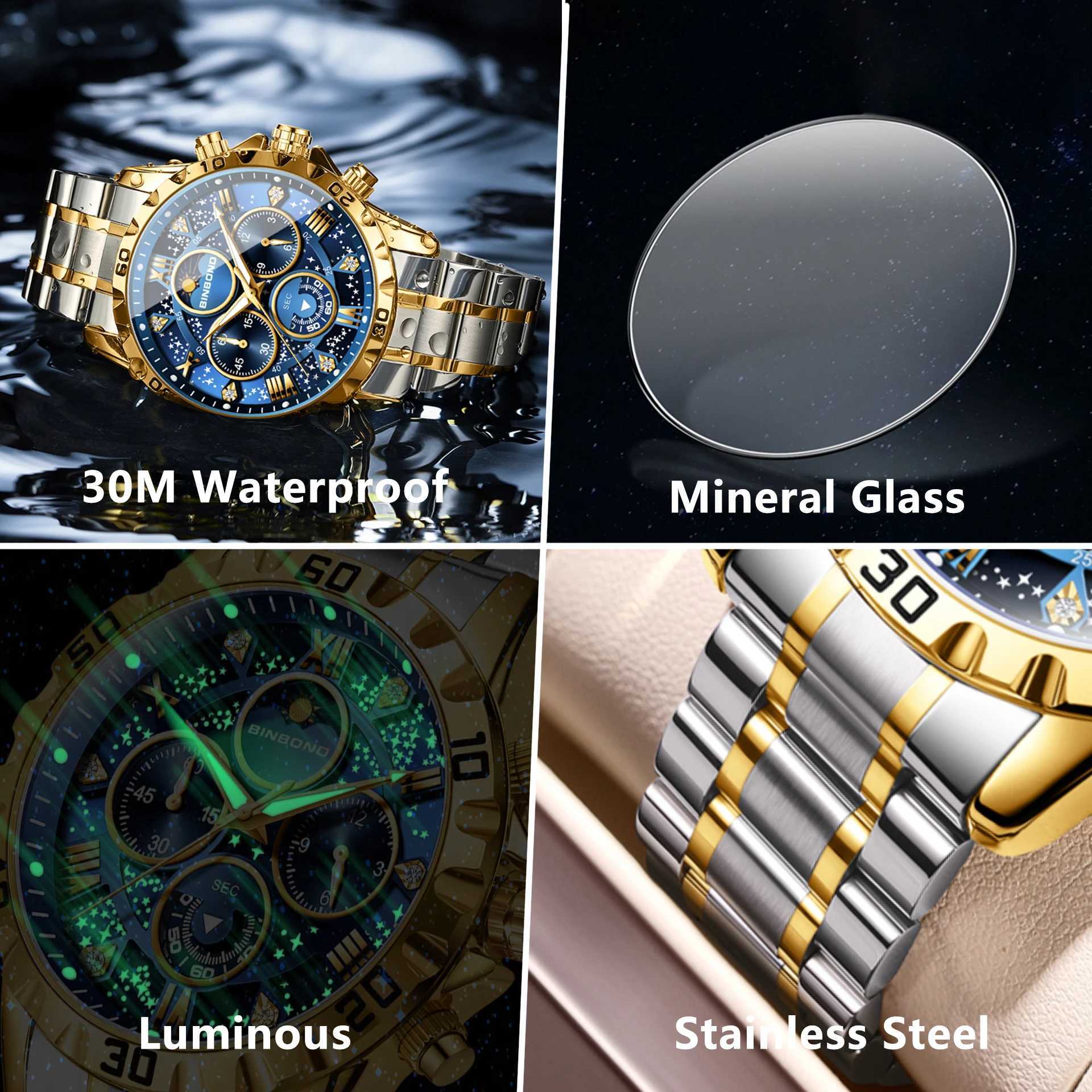 BINBOND Luxury Mens Watches Sports Quartz Wrist Watch for Man Waterproof Stainless Steel Luminous Chronograph Date Moon Phase W250704