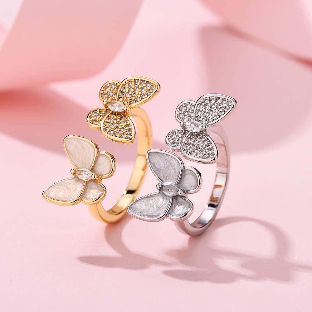 DHCollections Stylish Open Adjustable Ring Double Butterfly Inlaid With Mother Of Pearl And Rhinestones Elegant Womens Jewellery