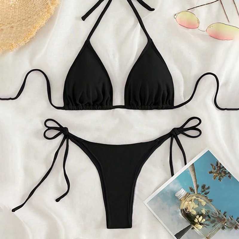 Women Thong Bikini Set Side Lace-up Sexy Swimsuit Bandage Neck Tie Swimwear Adjustable Brazilian Style Bikini Underwear XJ250624